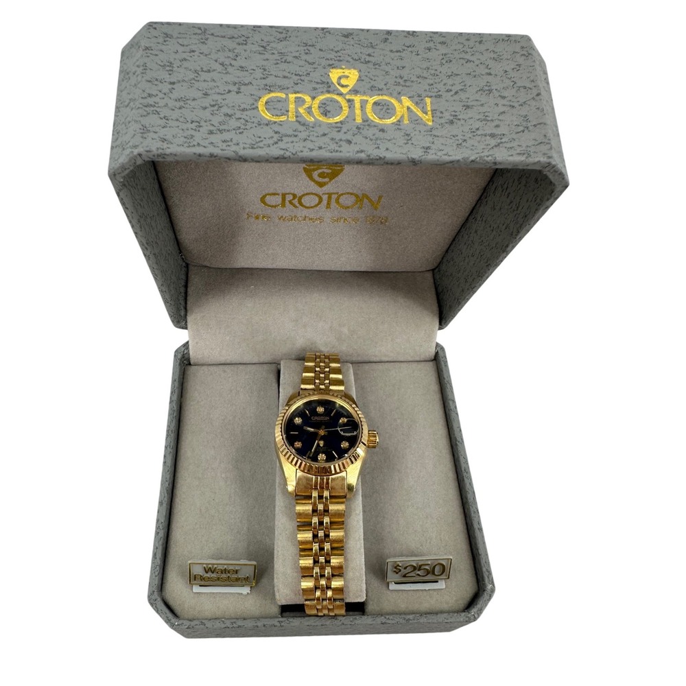 Croton Diamond Quartz Watch 23KT Gold Plated Blue Dial Date Fluted Bezel Box